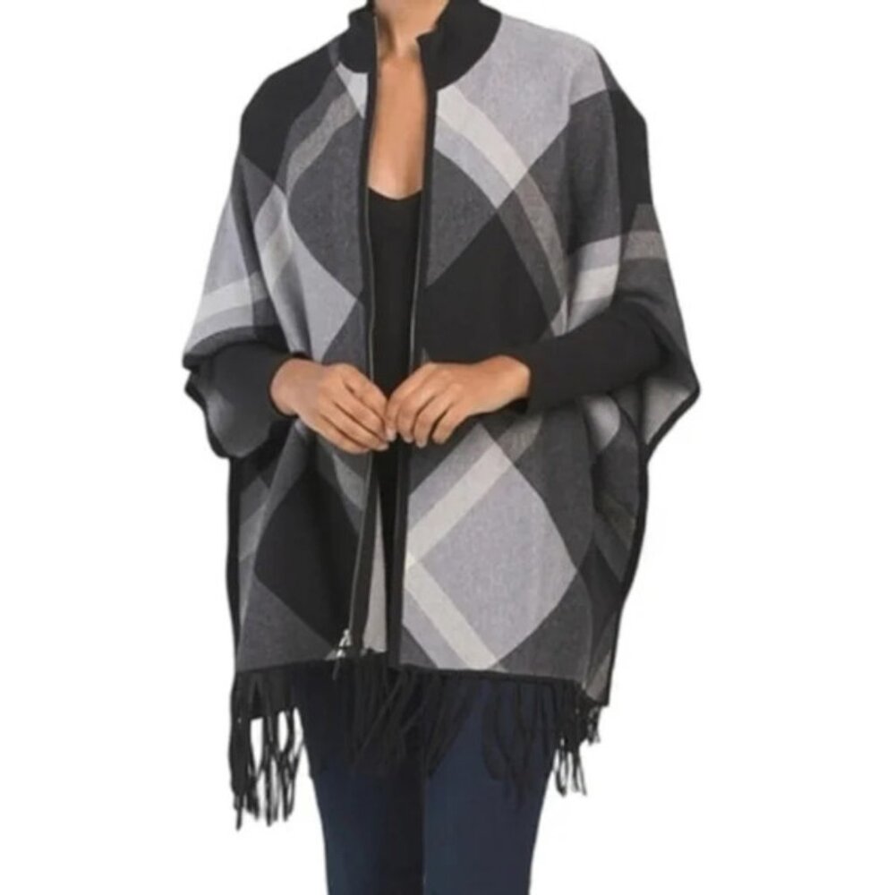 Rachel Zoe Plaid Front Zipper Fringe Cape Poncho sz L / XL Black & Grey Shades